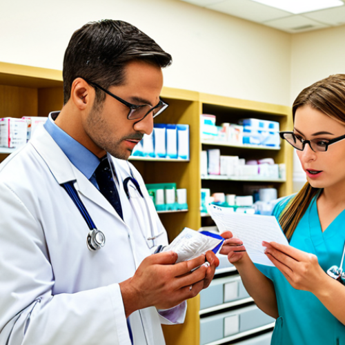 Home 15 A pharmacist in a modern hospital pharmacy, reviewing a patient's medication chart with a doctor and a nurse. The scene should emphasize collaboration and patient care, with various medicine vials and equipment in the background. Focus on a bright, professional, and caring atmosphere.