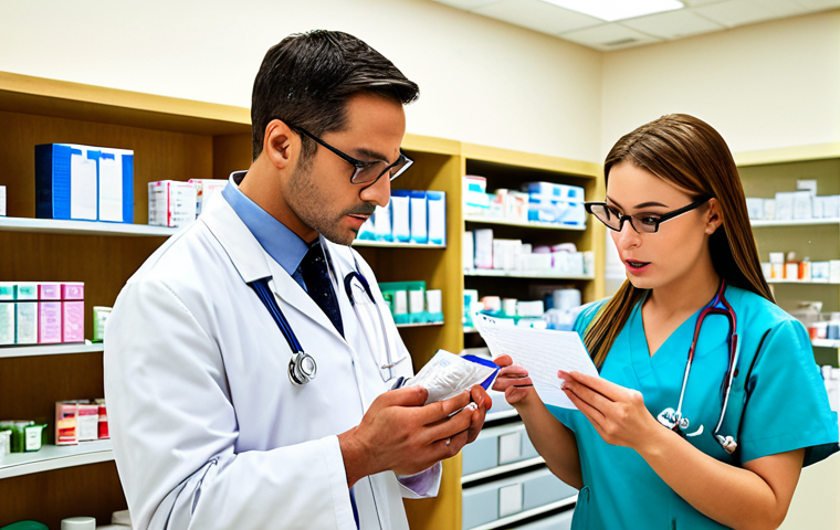 A pharmacist in a modern hospital pharmacy, reviewing a patient's medication chart with a doctor and a nurse. The scene should emphasize collaboration and patient care, with various medicine vials and equipment in the background. Focus on a bright, professional, and caring atmosphere.