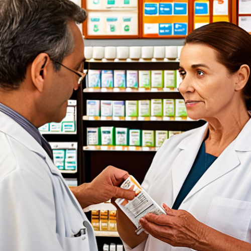Home 7 **
"A caring pharmacist in a modern pharmacy setting, attentively counseling an elderly Portuguese woman about her medication. The pharmacy is well-lit and stocked with various medicines. Focus on the warm, empathetic interaction between the pharmacist and the patient. Display a medication chart. Style: Realistic, warm tones."
**