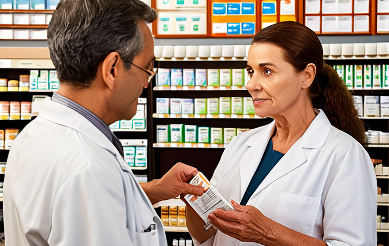 **
"A caring pharmacist in a modern pharmacy setting, attentively counseling an elderly Portuguese woman about her medication. The pharmacy is well-lit and stocked with various medicines. Focus on the warm, empathetic interaction between the pharmacist and the patient. Display a medication chart. Style: Realistic, warm tones."
**