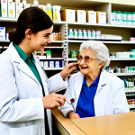 **

"A friendly pharmacist, fully clothed in a professional lab coat, assisting a senior citizen at a pharmacy counter in Lisbon. The background features well-stocked shelves with medications and healthcare products.  Safe for work, appropriate content, perfect anatomy, well-formed hands, modest clothing, professional photography, high quality, family-friendly."

**