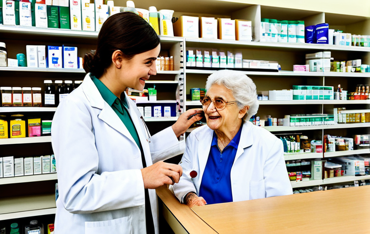**

"A friendly pharmacist, fully clothed in a professional lab coat, assisting a senior citizen at a pharmacy counter in Lisbon. The background features well-stocked shelves with medications and healthcare products.  Safe for work, appropriate content, perfect anatomy, well-formed hands, modest clothing, professional photography, high quality, family-friendly."

**
