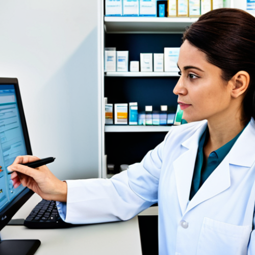 Home 12 Clinical Pharmacist Analyzing Data**
"A clinical pharmacist, fully clothed in a professional lab coat, is reviewing a data dashboard on a computer screen. The setting is a modern pharmacy with shelves of medications in the background. The pharmacist is focused and engaged, holding a pen and notepad. High-quality image, perfect anatomy, natural lighting, safe for work, appropriate content, family-friendly."
**