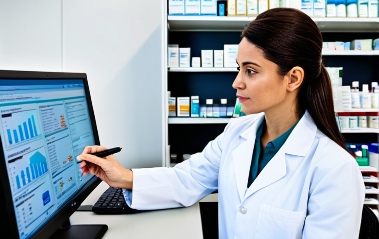 Clinical Pharmacist Analyzing Data**

"A clinical pharmacist, fully clothed in a professional lab coat, is reviewing a data dashboard on a computer screen. The setting is a modern pharmacy with shelves of medications in the background. The pharmacist is focused and engaged, holding a pen and notepad. High-quality image, perfect anatomy, natural lighting, safe for work, appropriate content, family-friendly."

**