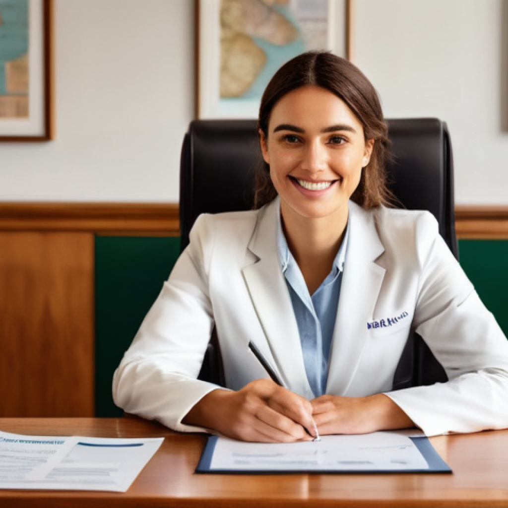 약사 이직 준비를 위한 서류 작성법 - **Prompt:** A determined female pharmacist, aged around 30, with a warm smile, sits at a polished wo...