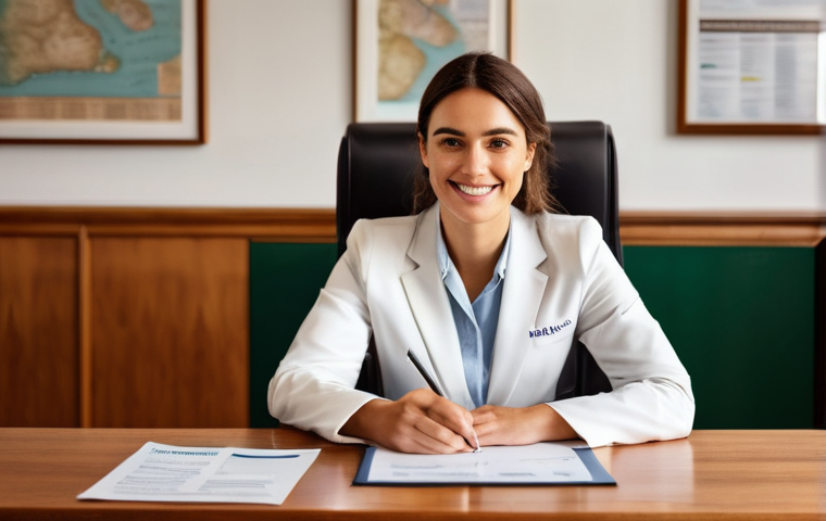 약사 이직 준비를 위한 서류 작성법 - **Prompt:** A determined female pharmacist, aged around 30, with a warm smile, sits at a polished wo...