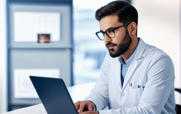 약사 이직 준비를 위한 서류 작성법 - **Prompt:** A determined female pharmacist, aged around 30, with a warm smile, sits at a polished wo...