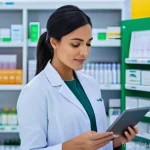 약사 약물 데이터 시각화 방법 - **Prompt:** A serene and capable female pharmacist, in her late 30s, wearing a clean, professional l...