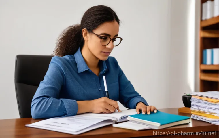 약사 외국 약사와의 비교 - **Prompt:** A determined and focused female pharmacist in her early 30s, of Brazilian descent, sitti...