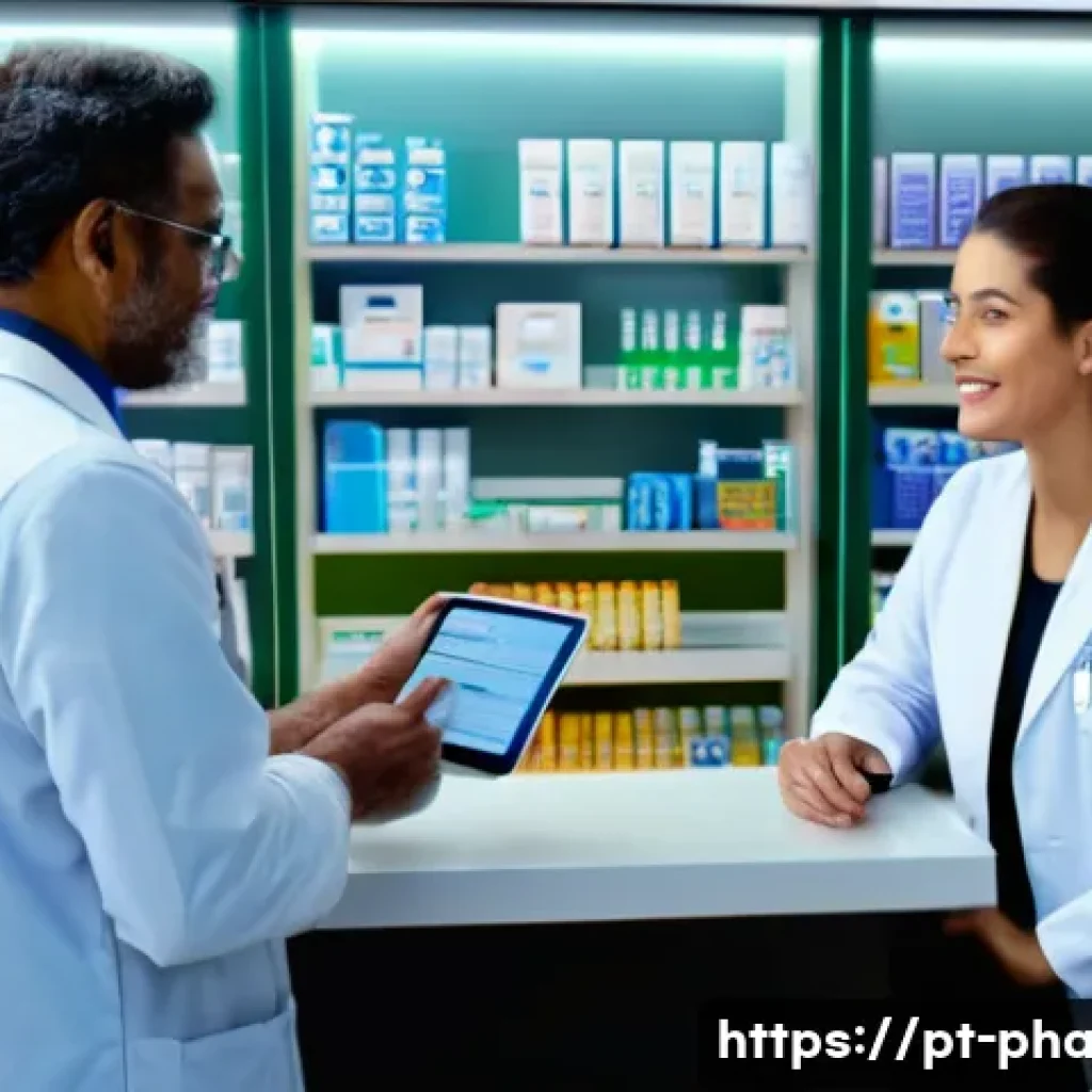약사 약물과 환자 관리 팁 - A warm and professional pharmacy consultation scene in a modern Brazilian pharmacy setting, showing ...