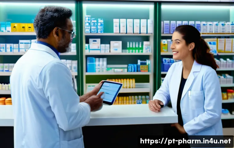 약사 약물과 환자 관리 팁 - A warm and professional pharmacy consultation scene in a modern Brazilian pharmacy setting, showing ...