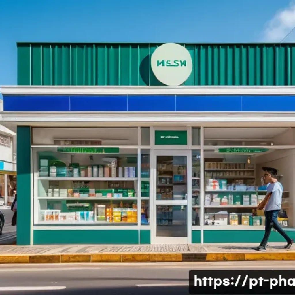 약사 약국 창업 시 허가 절차 - A modern Brazilian neighborhood pharmacy storefront during daytime, located near a busy street with ...