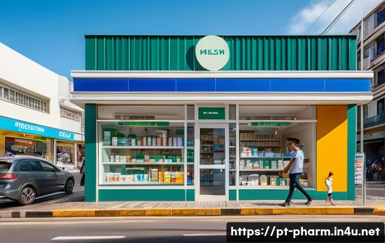약사 약국 창업 시 허가 절차 - A modern Brazilian neighborhood pharmacy storefront during daytime, located near a busy street with ...