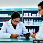 Home 22 약사 근무 환경과 스트레스 관리 - A busy pharmacy counter scene in Brazil, showing a focused pharmacist wearing a white lab coat and g...
