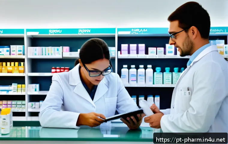 약사 근무 환경과 스트레스 관리 - A busy pharmacy counter scene in Brazil, showing a focused pharmacist wearing a white lab coat and g...