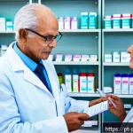 Home 21 약사 병용금기 약물 사례 - A detailed hospital pharmacy scene in Brazil, showing a professional pharmacist wearing a white lab ...