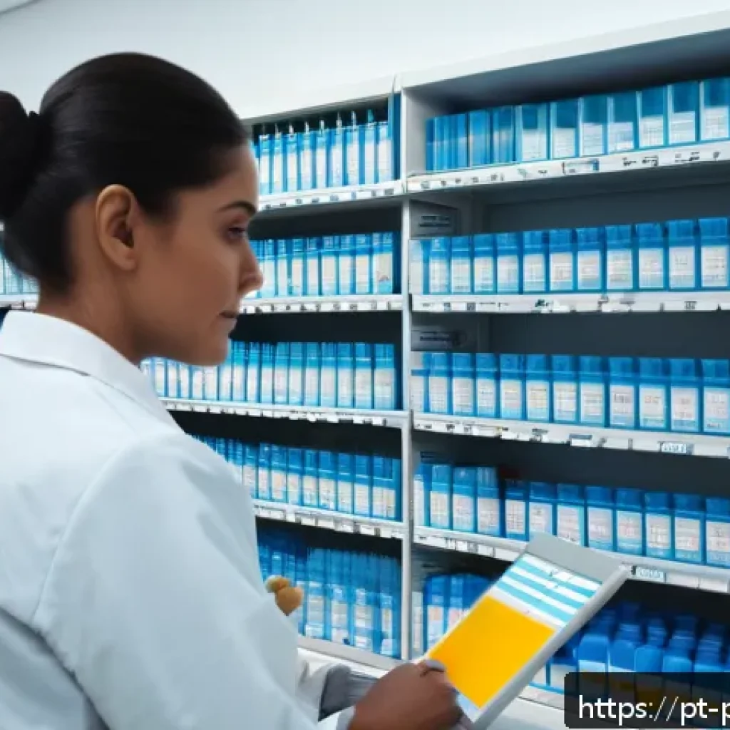 약사 약물 데이터 관리 프로세스 - A modern pharmacy interior with a professional team using specialized software on sleek computers to...