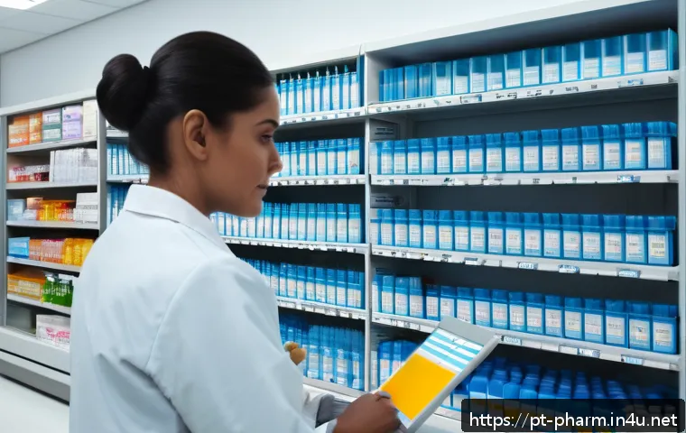 약사 약물 데이터 관리 프로세스 - A modern pharmacy interior with a professional team using specialized software on sleek computers to...