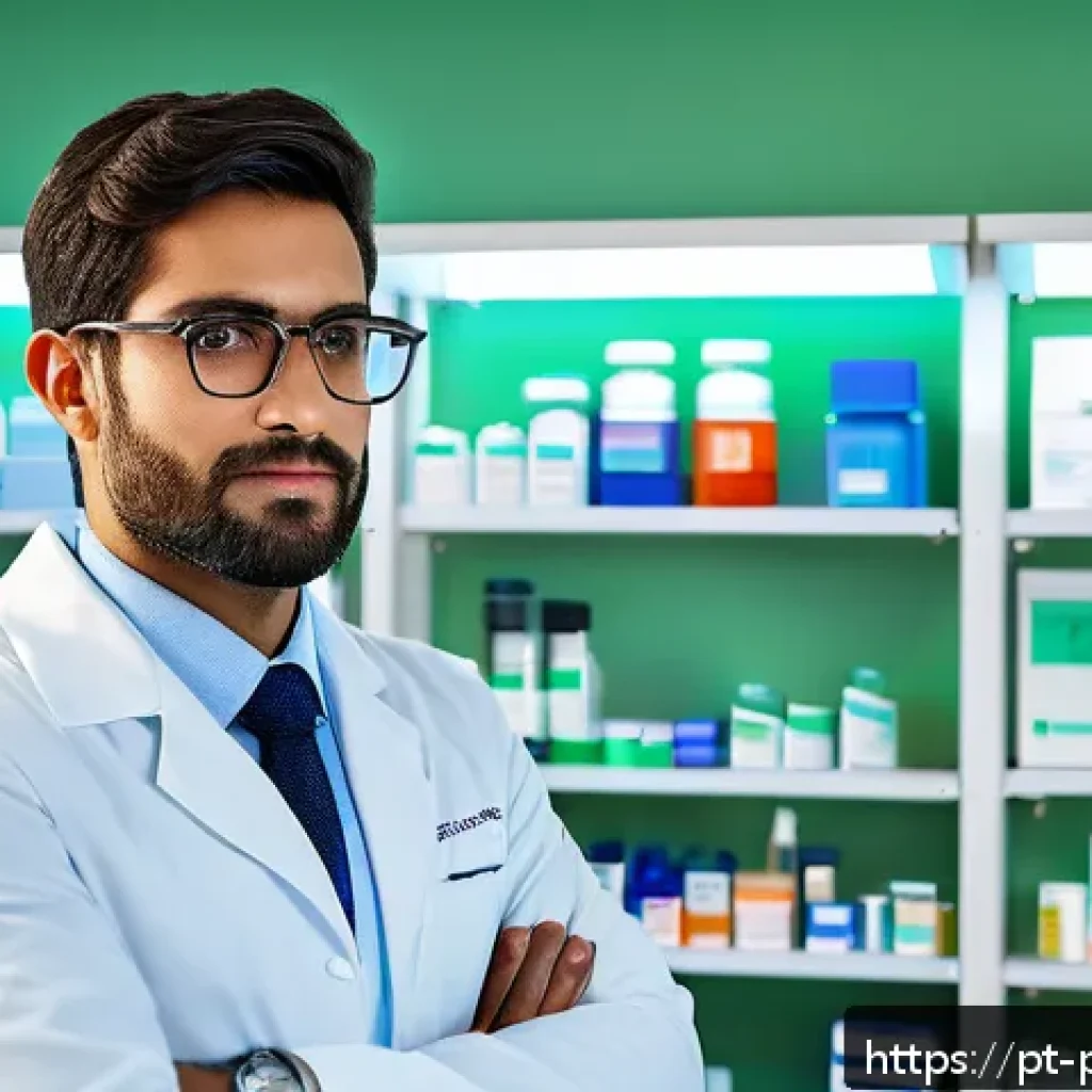 약사 직무 만족도 향상 방안 - A modern pharmacy workspace featuring a professional pharmacist seated on an ergonomic chair, adjust...