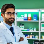 Home 18 약사 직무 만족도 향상 방안 - A modern pharmacy workspace featuring a professional pharmacist seated on an ergonomic chair, adjust...