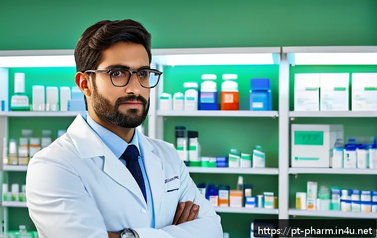 약사 직무 만족도 향상 방안 - A modern pharmacy workspace featuring a professional pharmacist seated on an ergonomic chair, adjust...