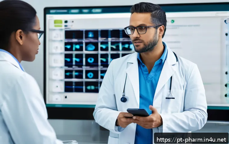 약사 이직 성공 전략 - A professional Brazilian pharmacist in a modern hospital setting, wearing a clean white lab coat and...