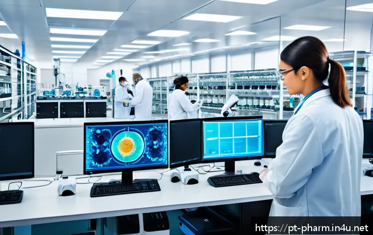 약사 약물 개발 프로세스 설명 - A modern pharmaceutical research laboratory scene showing diverse scientists in lab coats working co...