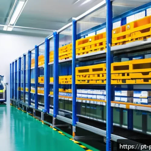 Home 17 약사 약물 공급망 관리 방법 - A modern pharmaceutical warehouse interior with advanced automation technology: robotic arms and con...