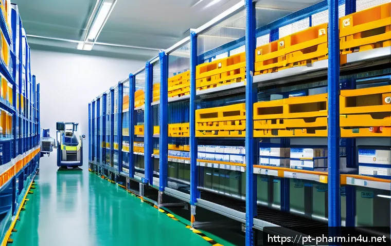 약사 약물 공급망 관리 방법 - A modern pharmaceutical warehouse interior with advanced automation technology: robotic arms and con...