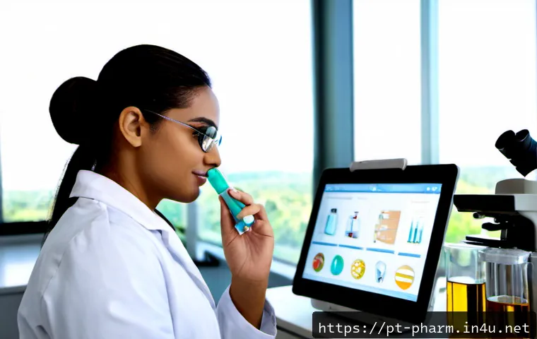 Home 17 약사 약물 연구 경력 개발 - Photorealistic career development scene for a pharmaceutical researcher in Brazil: a confident Brazi...