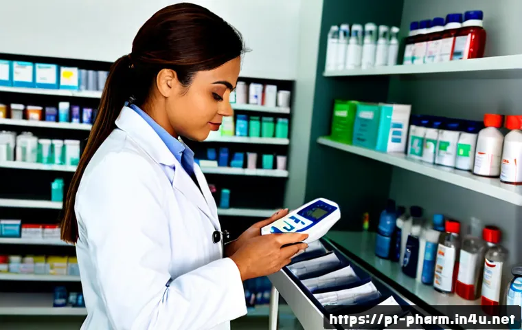 Home 15 약사와 의료기기 관련 법규 - Photorealistic Brazilian community pharmacist in a clean modern pharmacy, wearing a white coat and c...